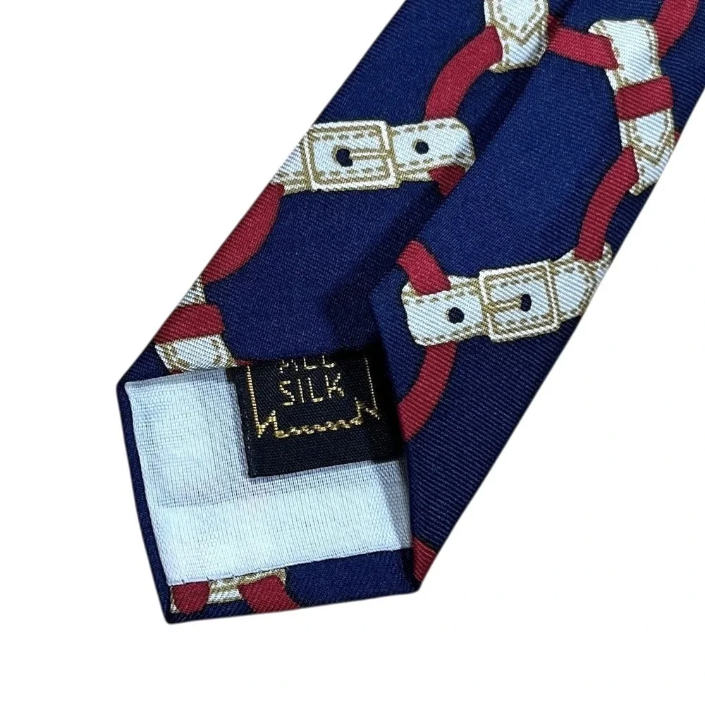 Vintage Neiman Marcus 100% Silk Necktie Navy‎ Blue Buckle Chain Links